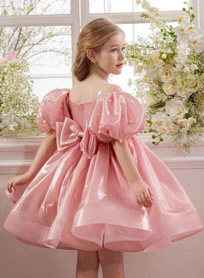 تايك تو فستان وردي مزين بلؤلؤ صناعي وأكمام منفوخة